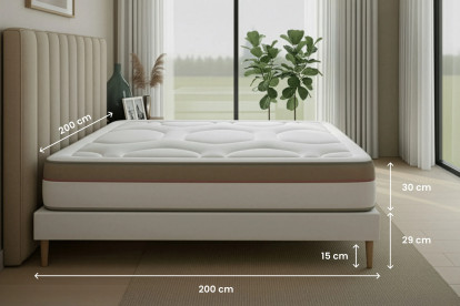 Pack lit complet 200x200 cm - Matelas + 2 Sommiers Beiges + 2 oreillers + Couette - Le Cosy