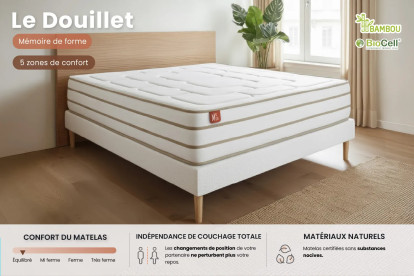 Pack lit complet 140x200 cm - Matelas + Sommier Blanc + 2 oreillers + Couette - Le Douillet