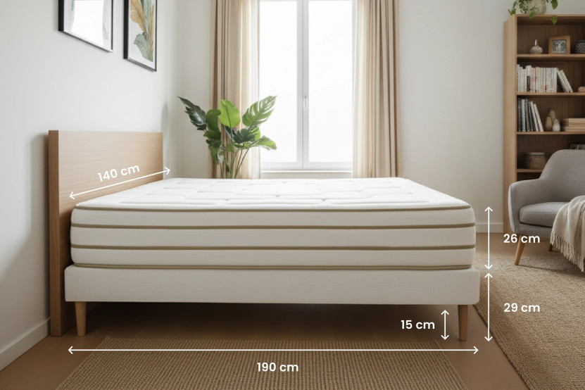 Pack lit complet 140x190 cm - Matelas + Sommier Beige (en kit) + 2 oreillers + Couette - Le Douillet