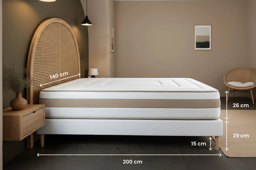Pack lit complet 140x200 cm - Matelas + Sommier Beige + 2 oreillers + Couette - Le Raffiné