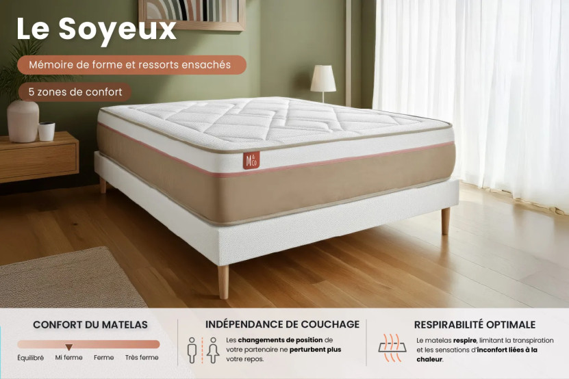 Pack lit complet 180x200 cm - Matelas + Sommier Beige (en kit) + 2 oreillers + Couette - Le Soyeux