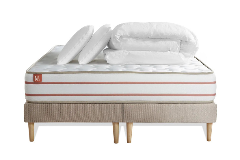 Pack lit complet 200x200 cm - Matelas + 2 Sommiers Beiges + 2 oreillers + Couette - Le Doux