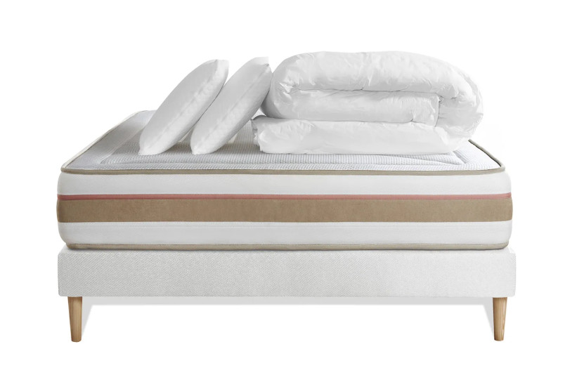 Pack lit complet 140x200 cm - Matelas + Sommier Blanc + 2 oreillers + Couette - Le Tendre