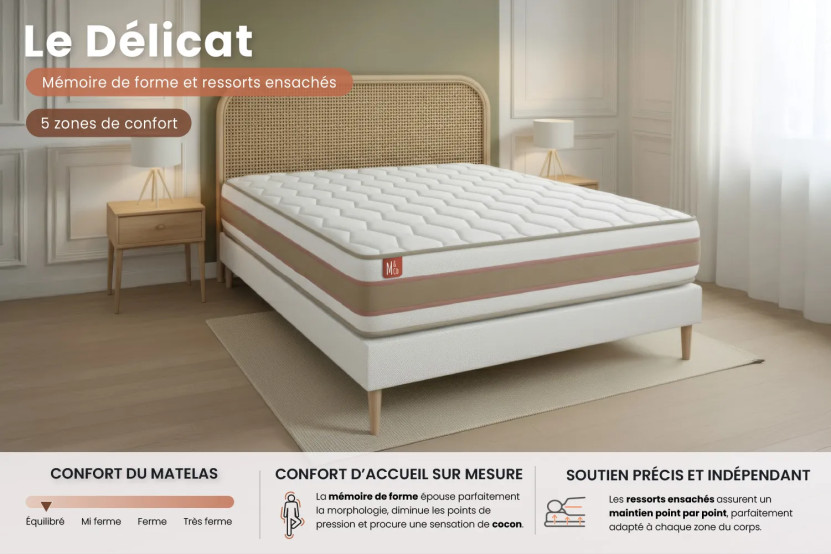 Matelas 140x200 cm Ressorts ensachés et Mémoire de forme - Le Délicat