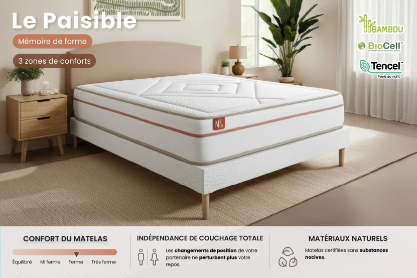 Pack lit complet 160x200 cm - Matelas + 2 Sommiers Beiges + 2 oreillers + Couette - Le Paisible
