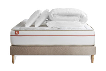 Pack lit complet 160x200 cm - Matelas + Sommier Beige (en kit) + 2 oreillers + Couette - Le Paisible