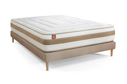 Pack lit complet 140x200 cm - Matelas + Sommier Beige (en kit) + 2 oreillers + Couette - Le Raffiné