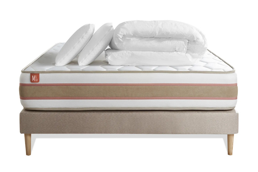 Pack lit complet 160x200 cm - Matelas + Sommier Beige + 2 oreillers + Couette - Le Délicat