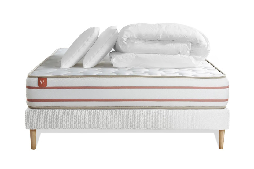 Pack lit complet 140x200 cm - Matelas + Sommier Blanc (en kit) + 2 oreillers + Couette - Le Doux