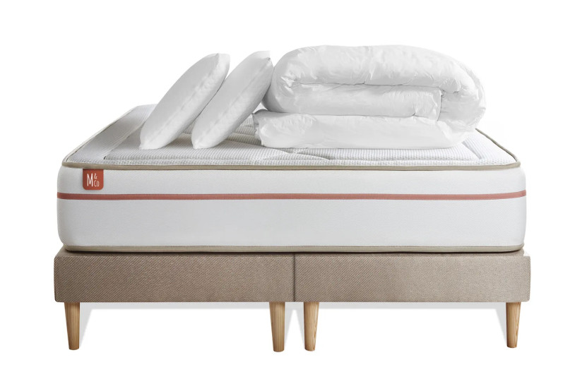 Pack lit complet 180x200 cm - Matelas + 2 Sommiers Beiges + 2 oreillers + Couette - Le Paisible