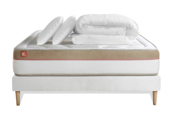 Pack lit complet 180x200 cm - Matelas + Sommier Blanc (en kit) + 2 oreillers + Couette - Le Cosy