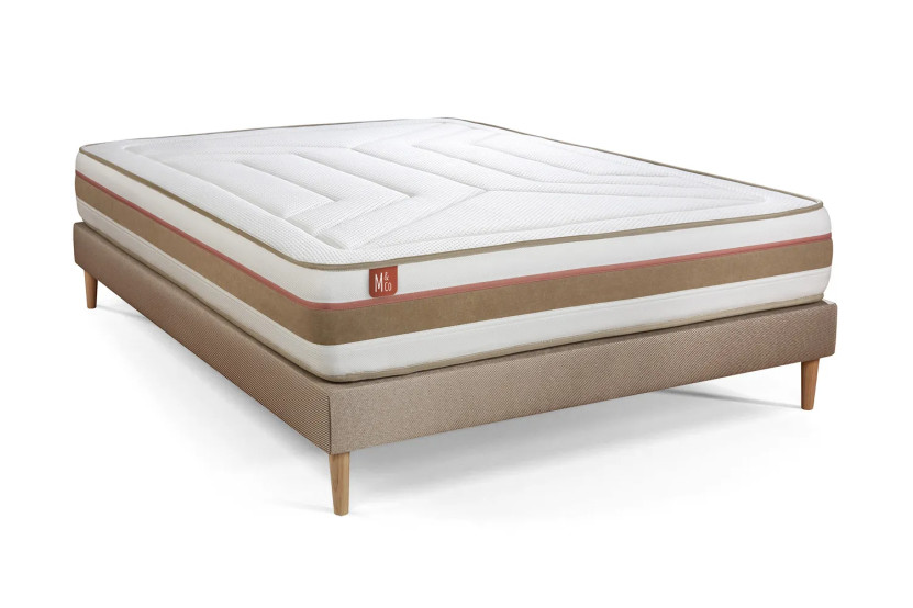 Pack lit complet 200x200 cm - Matelas + Sommier Beige (en kit) + 2 oreillers + Couette - Le Tendre