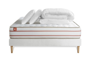 Pack lit complet 180x200 cm - Matelas + Sommier Blanc (en kit) + 2 oreillers + Couette - Le Doux