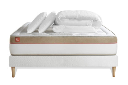 Pack lit complet 160x200 cm - Matelas + Sommier Blanc + 2 oreillers + Couette - Le Cosy