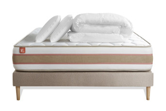 Pack lit complet 180x200 cm - Matelas + Sommier Beige (en kit) + 2 oreillers + Couette - Le Délicat