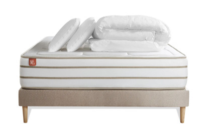 Pack lit complet 140x200 cm - Matelas + Sommier Beige (en kit) + 2 oreillers + Couette - Le Douillet