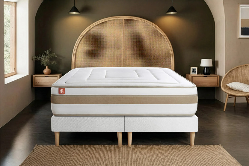 Pack lit complet 200x200 cm - Matelas + 2 Sommiers Blancs + 2 oreillers + Couette - Le Raffiné