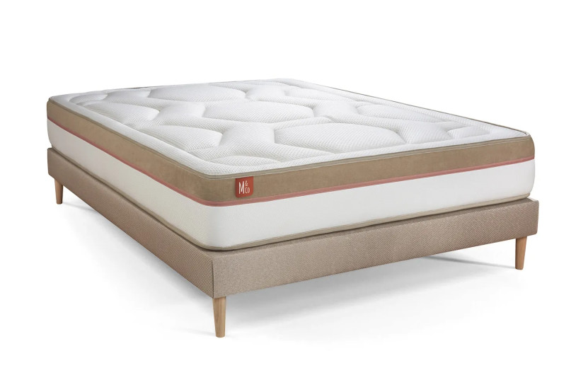 Pack lit complet 180x200 cm - Matelas + Sommier Beige (en kit) + 2 oreillers + Couette - Le Cosy