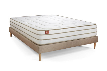 Pack lit complet 140x190 cm - Matelas + Sommier Beige (en kit) + 2 oreillers + Couette - Le Douillet