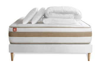 Pack lit complet 160x200 cm - Matelas + Sommier Blanc (en kit) + 2 oreillers + Couette - Le Raffiné