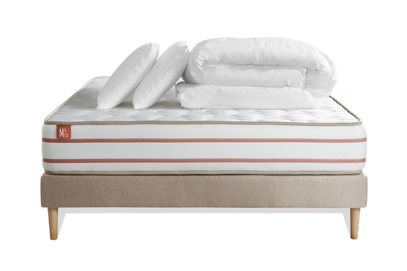 Pack lit complet 160x200 cm - Matelas + Sommier Beige (en kit) + 2 oreillers + Couette - Le Doux