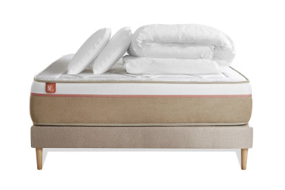 Pack lit complet 140x200 cm - Matelas + Sommier Beige (en kit) + 2 oreillers + Couette - Le Soyeux