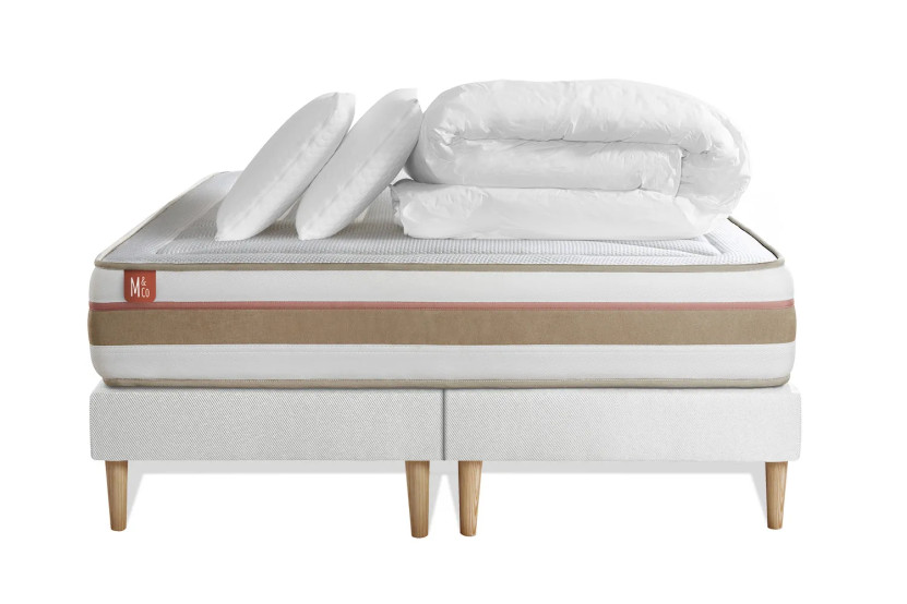 Pack lit complet 200x200 cm - Matelas + 2 Sommiers Blancs + 2 oreillers + Couette - Le Tendre