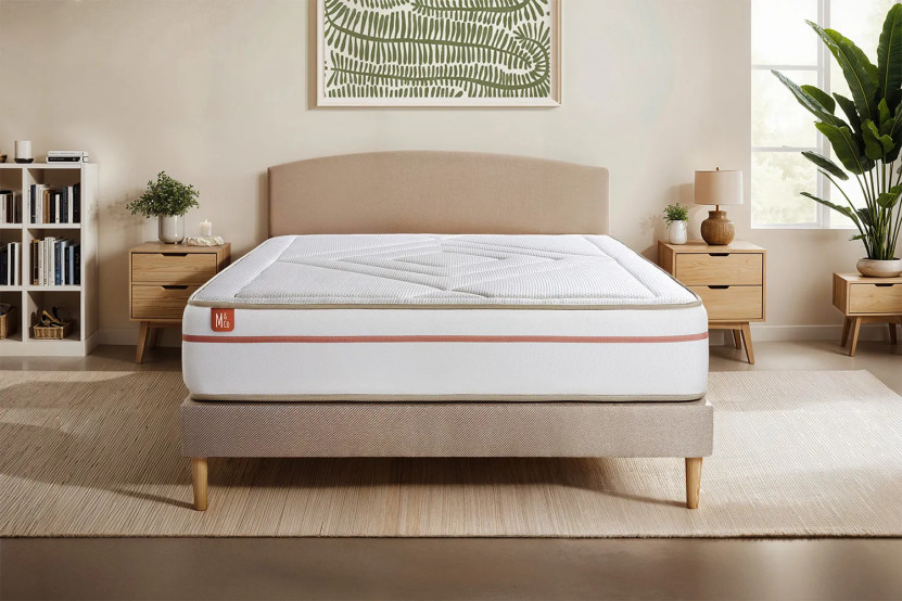 Pack lit complet 180x200 cm - Matelas + Sommier Beige (en kit) + 2 oreillers + Couette - Le Paisible