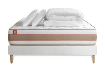 Pack lit complet 140x190 cm - Matelas + Sommier Blanc (en kit) + 2 oreillers + Couette - Le Délicat