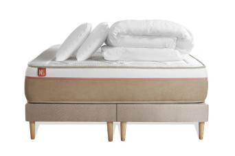 Pack lit complet 200x200 cm - Matelas + 2 Sommiers Beiges + 2 oreillers + Couette - Le Soyeux
