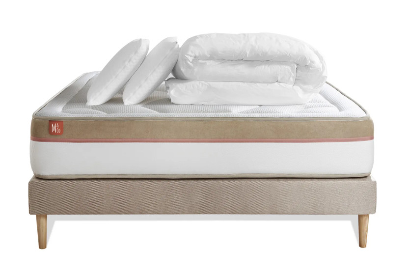 Pack lit complet 180x200 cm - Matelas + Sommier Beige (en kit) + 2 oreillers + Couette - Le Cosy